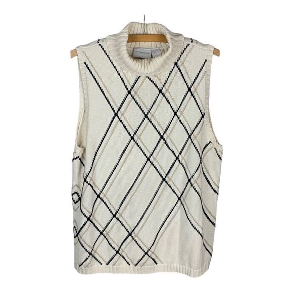LizSport Cream Argyle Sleeveless Turtleneck Sweater - SIze L - Picture 1 of 9
